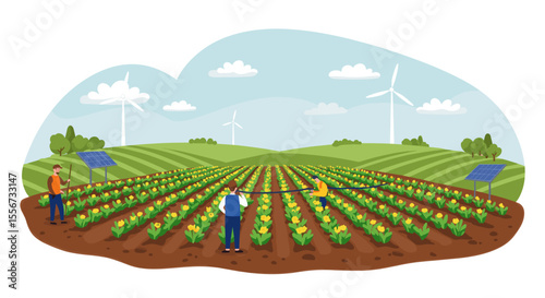 This vector image shows a farm with rows of crops being irrigated by a worker, with solar panels placed among the plants. Wind turbines are visible in the background
