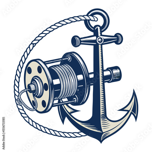 Vintage fishing reel emblem featuring line coiled around number one, retro angling icon.