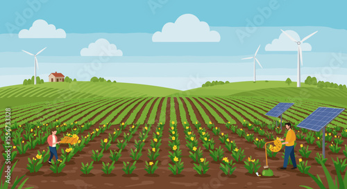 This vector image shows a farm with rows of crops being irrigated by a worker, with solar panels placed among the plants. Wind turbines are visible in the background