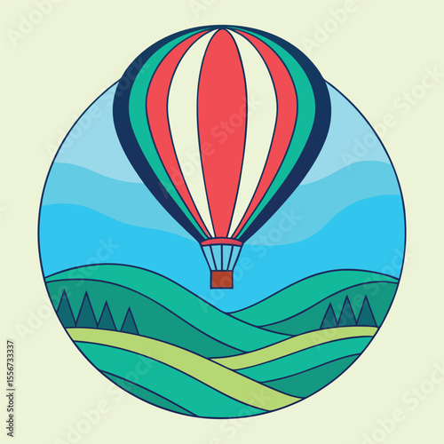 Colorful balloon over rolling green hills hot air balloon