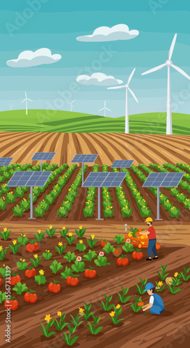 This vector image shows a farm with rows of crops being irrigated by a worker, with solar panels placed among the plants. Wind turbines are visible in the background