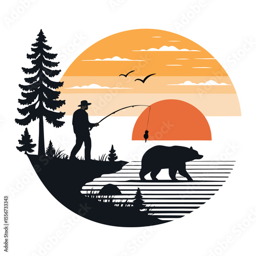 Circular emblem stylized sunset, silhouetted bear standing near a silhouetted fisherman casting a line.