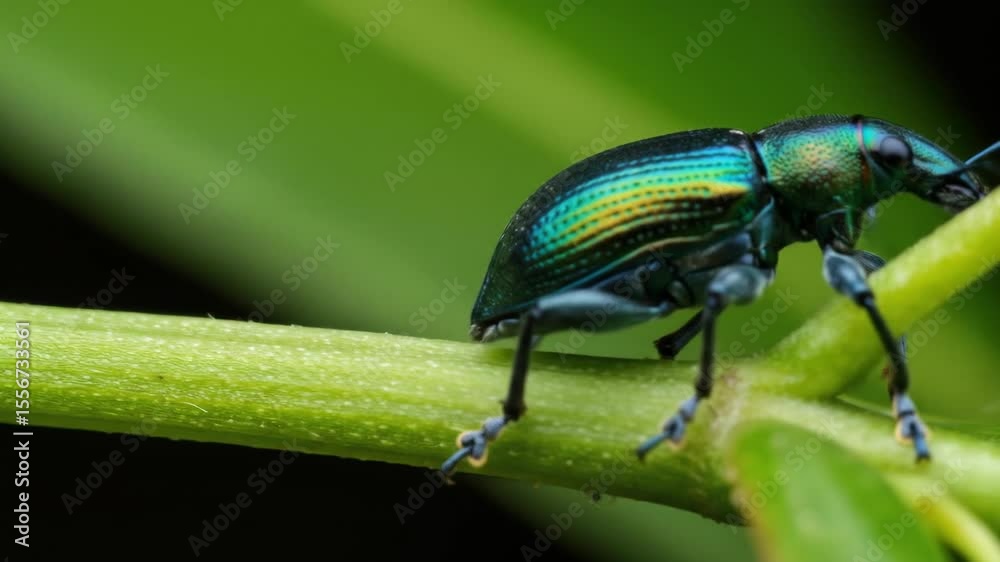 Iridescent Beetle Walking on Green Stem Closeup Iridescent Beetle Walking on Green Stem Closeup