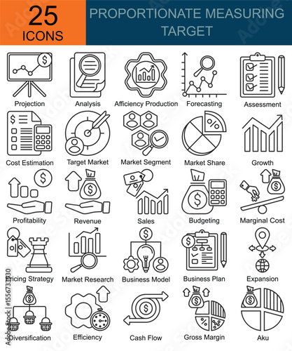 Proportionate measuring target icons in line style. Containing  Projection, Analysis, Afficiency production, Forecasting, Assessment, Cost estimation, Target market, Market segment, Market share, Grow