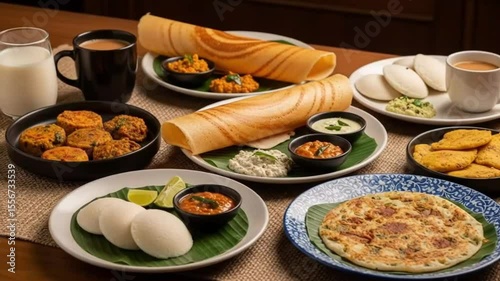 Delicious south indian breakfast dosa idli vada with milk and tea food photography video 4k