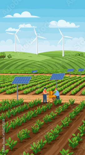 This vector image shows a farm with rows of crops being irrigated by a worker, with solar panels placed among the plants. Wind turbines are visible in the background