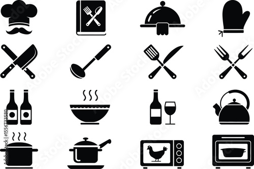 Illustration of kitchen and cooking related icons in black and white