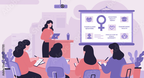 This vector image shows a group of women attending a seminar or workshop, focused on gender equality.