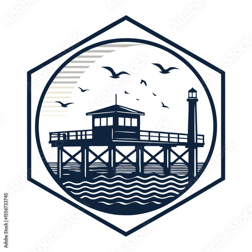 Silhouette emblem of fishing dock at sunset, seagull soaring. Minimalist, clean, vector graphic style.