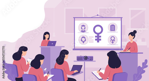 This vector image shows a group of women attending a seminar or workshop, focused on gender equality.
