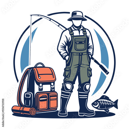 Emblem featuring fishing waders, rod, reel, tackle box, creel. Graphic badge, fishing trip, sportsman.