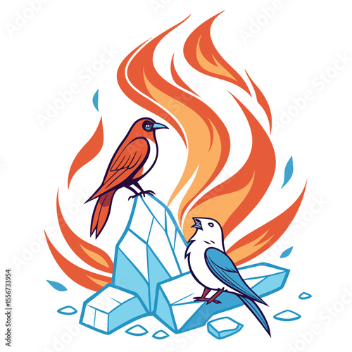 Orange and white birds on ice with fire blue