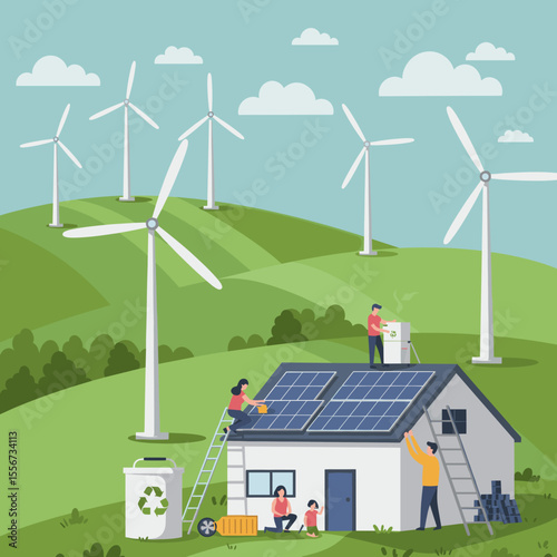 This vector image depicts a sustainable home with solar panels on the roof and wind turbines in the background