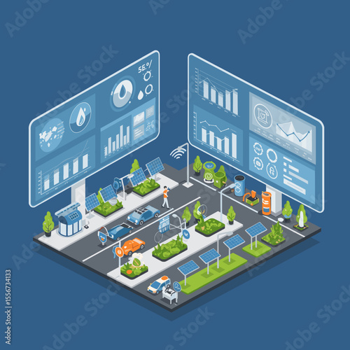 The scene includes a park with a pool, solar panels, electric vehicles, and trees, surrounded by digital panels displaying environmental statistics such as air quality, water usage, and carbon emissio