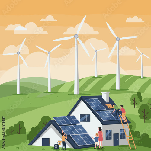 This vector image depicts a sustainable home with solar panels on the roof and wind turbines in the background