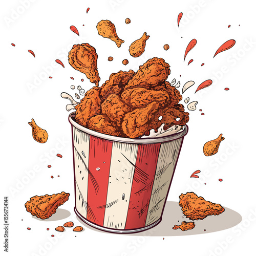Spicy fried chicken explodes from a worn, metal bucket. Fiery food chaos.