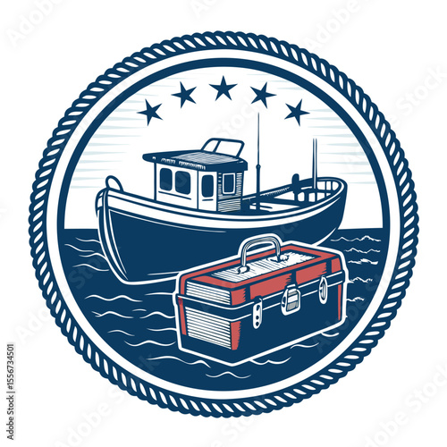 Fisherman's weathered boat, aged tackle box, framed in vintage badge design. Intricate nautical theme.