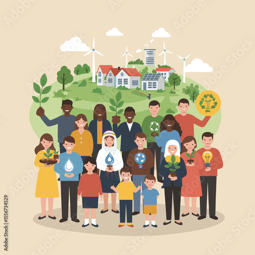 The people represent various ages and backgrounds, highlighting a united effort for a greener, more sustainable world.