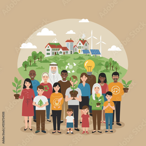 The people represent various ages and backgrounds, highlighting a united effort for a greener, more sustainable world.