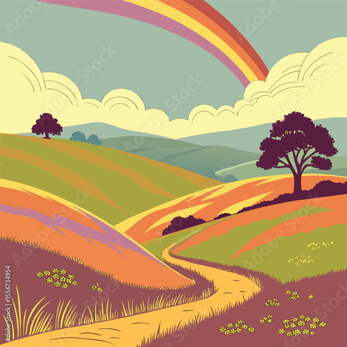 Rolling hills with rainbow and trees landscape illustration