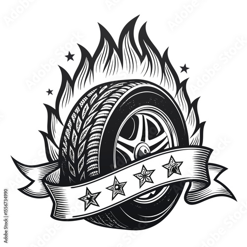 Flaming tire with ribbon banner displaying text, star bolts surrounding, automotive, fiery.