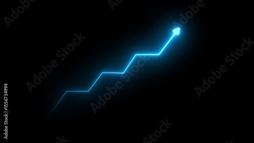 Neon blue color business growth rising arrow. business chart growth concept. neon business graph concept in black background	