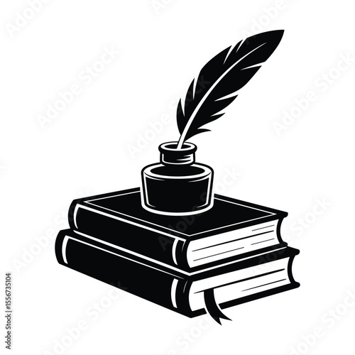 Elegant Quill Pen Inkwell atop Stacked Books Illustration