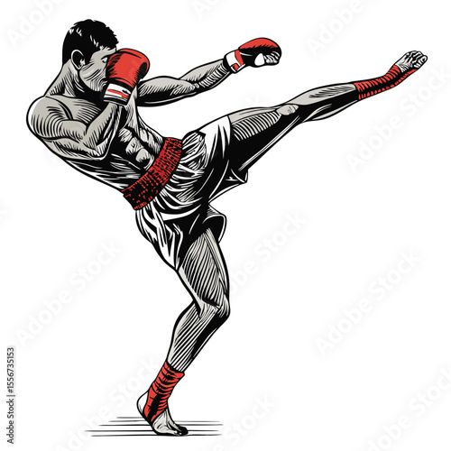 Muay Thai athlete leaping with a flying knee, dynamic action, fighting stance, intense movement, strong.