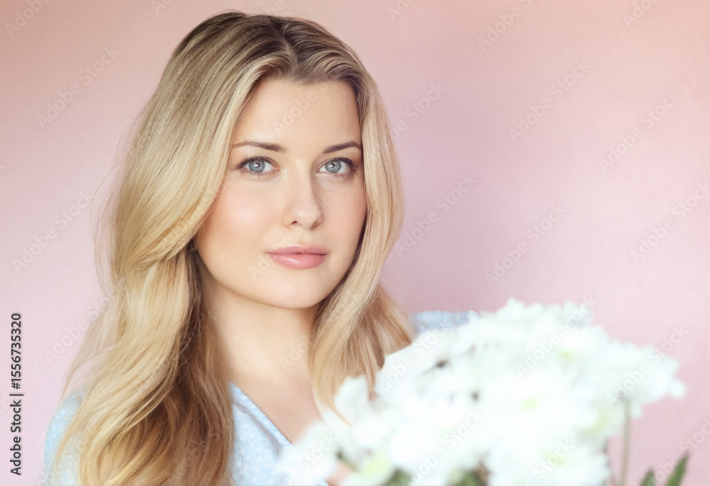 Soft floral charm with pastel pink backdrop, woman in pale blue holding white chrysanthemums in serene feminine portrait Soft floral charm with pastel pink backdrop, woman in pale blue holding white chrysanthemums in serene feminine portrait