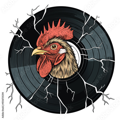 Fried chicken head nestled in cracked vinyl record. Surreal, textured. Poultry, music, decay, fried.