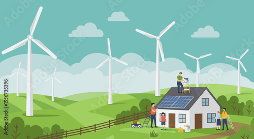 This vector image depicts a sustainable home with solar panels on the roof and wind turbines in the background.