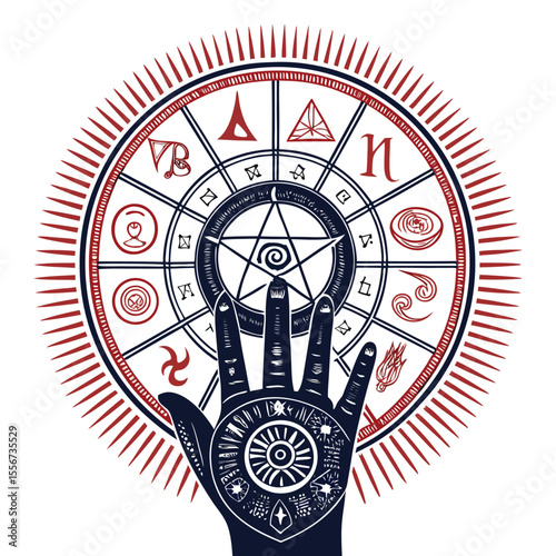 Ethereal hand holds glowing zodiac wheel, alchemical symbols. Mystical, magical, spiritual, occult, intricate details.