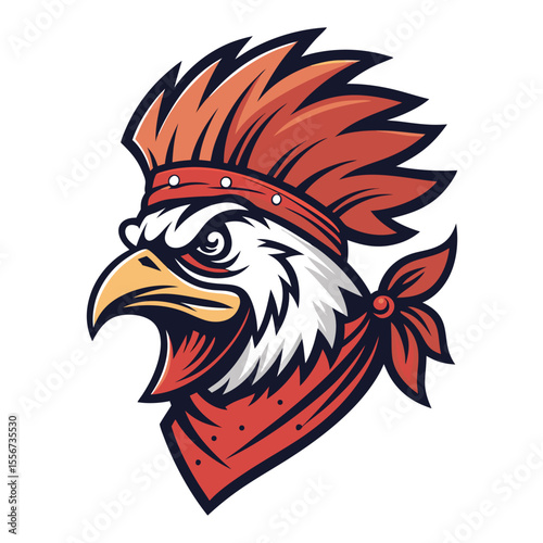 Fried chicken head, punk mohawk, bandana, quirky food art, detailed textures, playful, unusual, vibrant colors.