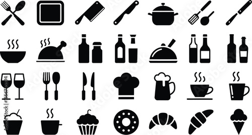 Black and white kitchen and food icons arranged in a grid pattern
