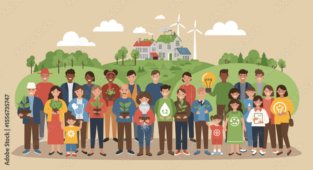 Obraz premium The people represent various ages and backgrounds, highlighting a united effort for a greener, more sustainable world.
