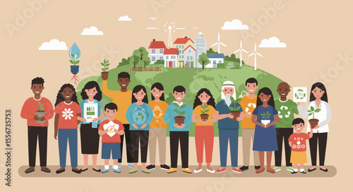 The people represent various ages and backgrounds, highlighting a united effort for a greener, more sustainable world.
