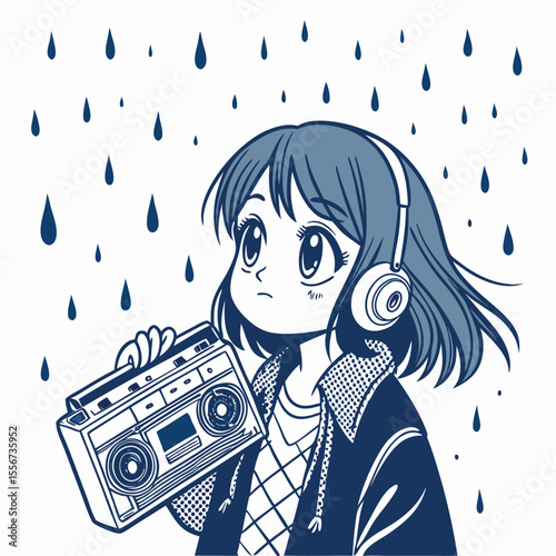 Anime girl, tape recorder, rainy window, melancholic gaze. Capturing fleeting emotions, pensive thoughts.