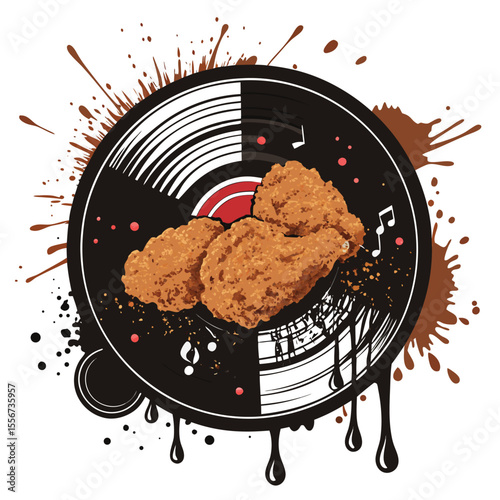 Fried chicken silhouette forms a vinyl record. Logo design. Retro style, greasy, delicious, musical, brown.