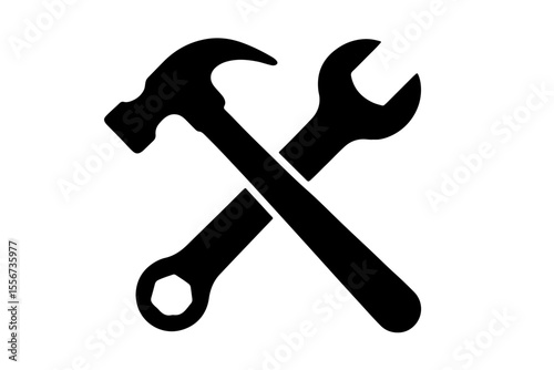 Silhouette of crossed hammer and wrench on transparent background