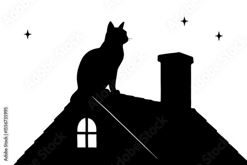 Silhouette of a cat sitting on a roof under stars on transparent background