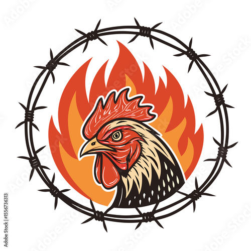 Fried chicken logo encircled by barbed wire, flames rising. Rustic, gritty, vintage style.