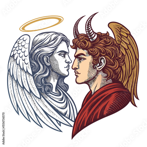 Baroque Gemini angel-devil dual face, intricate details, ornate design, celestial and infernal contrast.