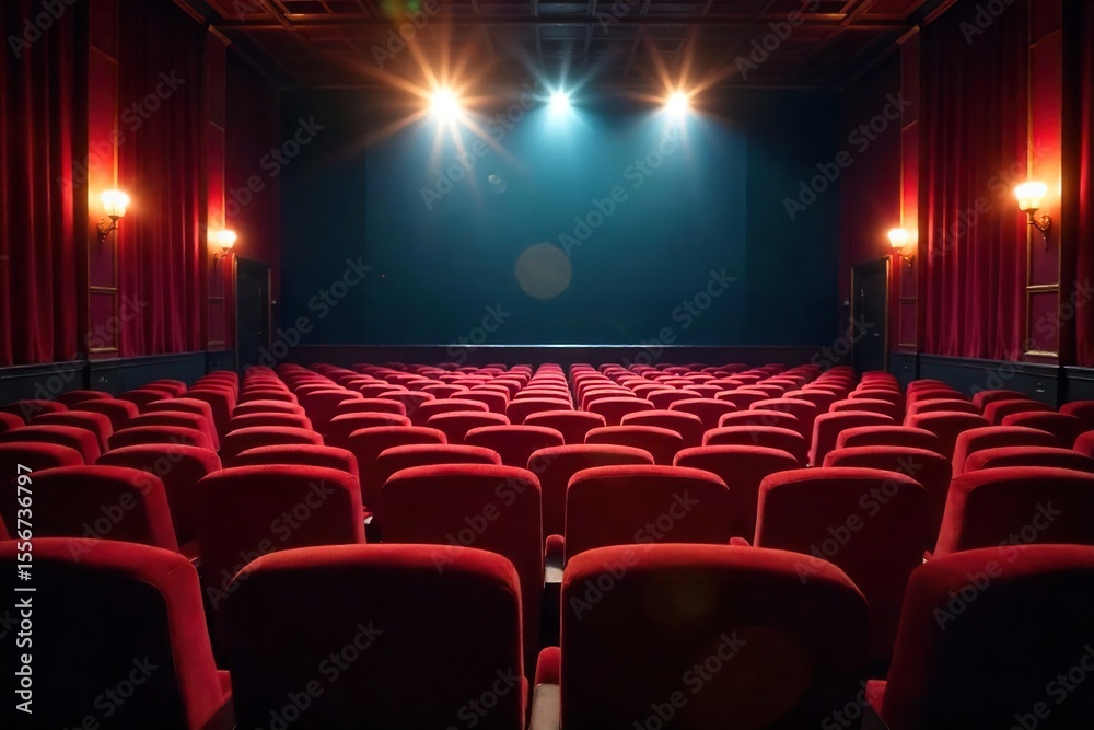 Fototapeta premium Empty Plush Velvet Theater Seats Await the Audience Rows of benches gleam under stage lights, ready for a performance. Classic theater interior, anticipating the magic of live arts.