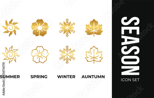 Set of season icon, winter spring summer autumn illustration in gold luxury style hand drawn