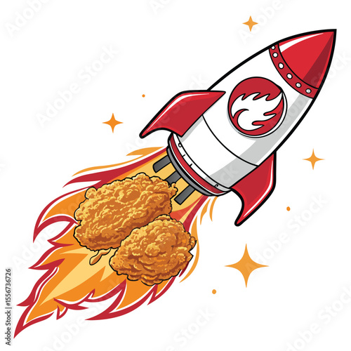 Fiery fried chicken rocket soaring, shooting flames, grease trails. Logo design, appetizing.