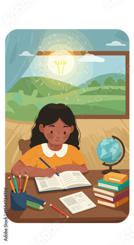 This vector image depicts a young girl reading a book at her study desk, with a window showing a view of mountains in the background.