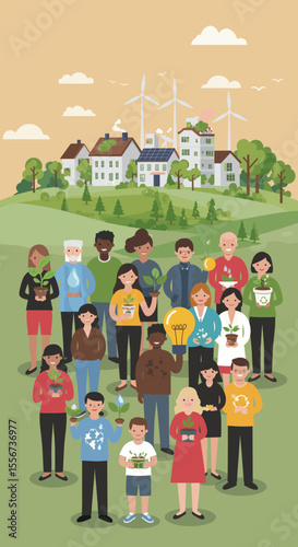 The people represent various ages and backgrounds, highlighting a united effort for a greener, more sustainable world.