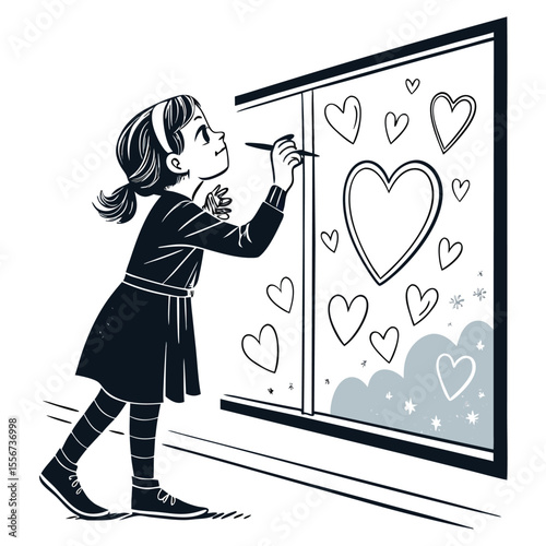 Girl draws hearts on foggy window pane with breath, melancholic, nostalgic, indoor, soft light.