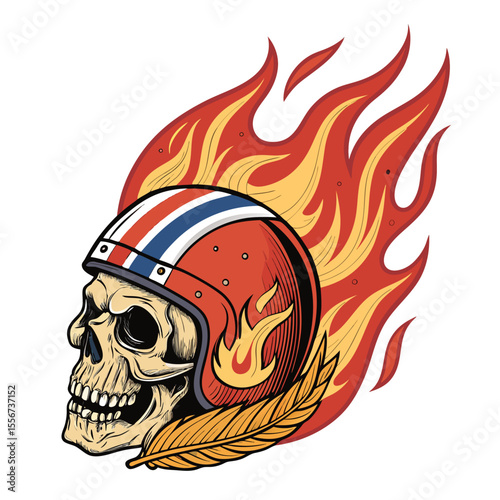 Fried chicken skull engulfed in flames, vintage racing background, detailed, cinematic lighting.