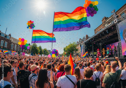 A diverse and joyful crowd celebrating at a Pride parade, with many participants holding rainbow flags and wearing colorful attire, demonstrating unity and support for LGBTQ+ rights.